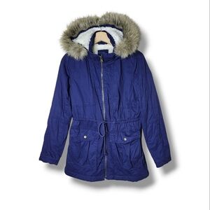 Gap Womens Sherpa Lined Parka Coat S | Navy Blue Faux Fur Hood Winter Jacket